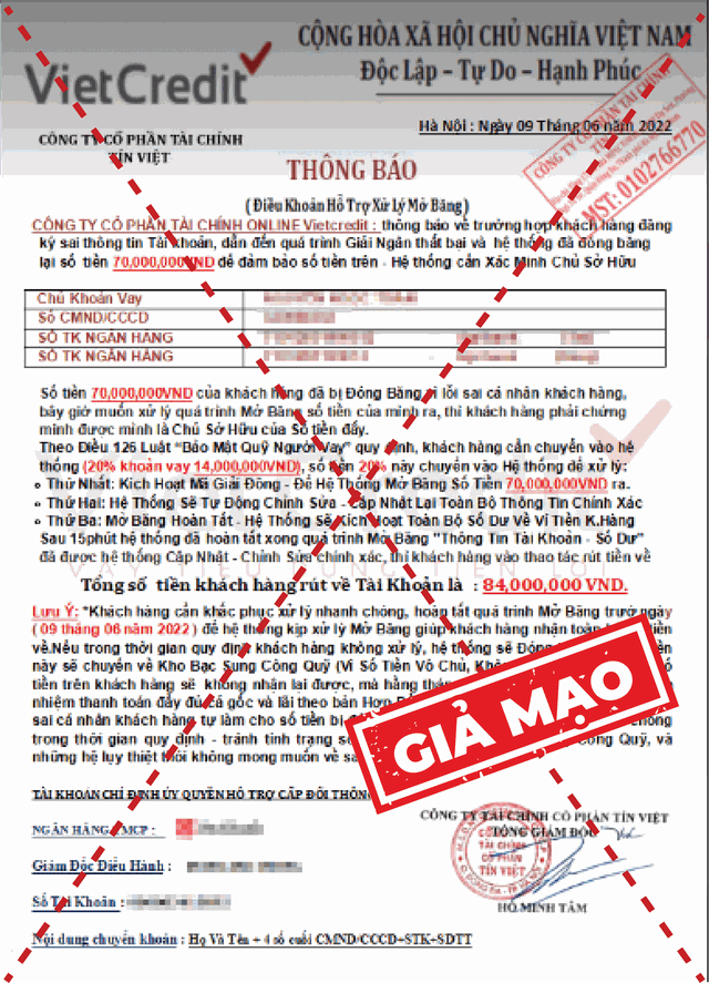 VietCredit: Cảnh báo các thủ đoạn mạo danh công ty lừa đảo khách hàng