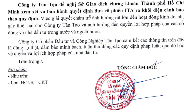 Tân Tạo lần thứ 6 đề nghị HOSE đưa chứng khoán ITA ra khỏi diện cảnh báo
