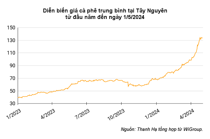 Giá cà phê tại thị trường trong nước ngày 1/5 đồng loạt giảm