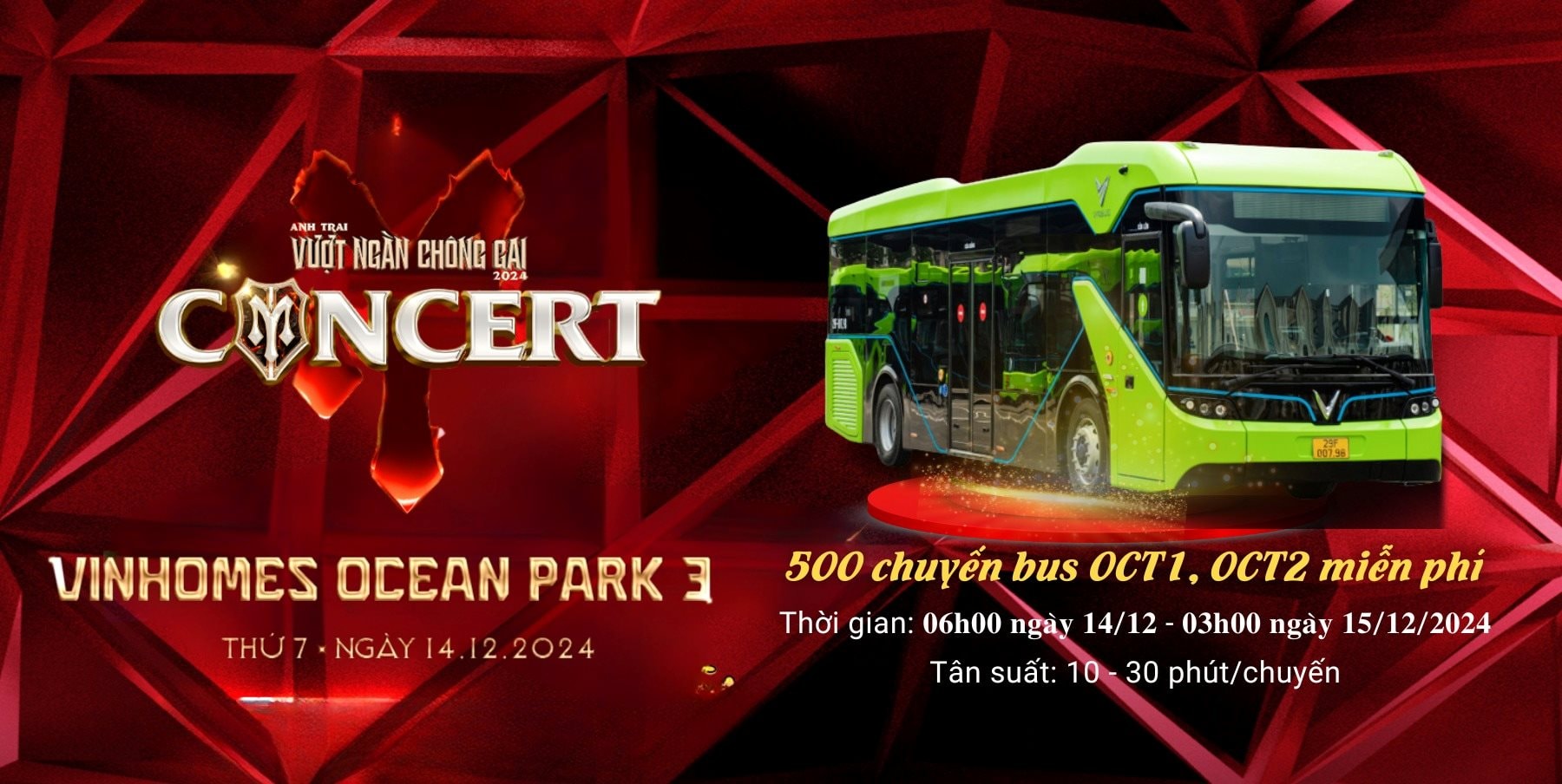 Vinbus của ông Phạm Nhật Vượng triển khai 500 chuyến buýt điện miễn phí cho khán giả tại concert Anh trai vượt ngàn chông gai