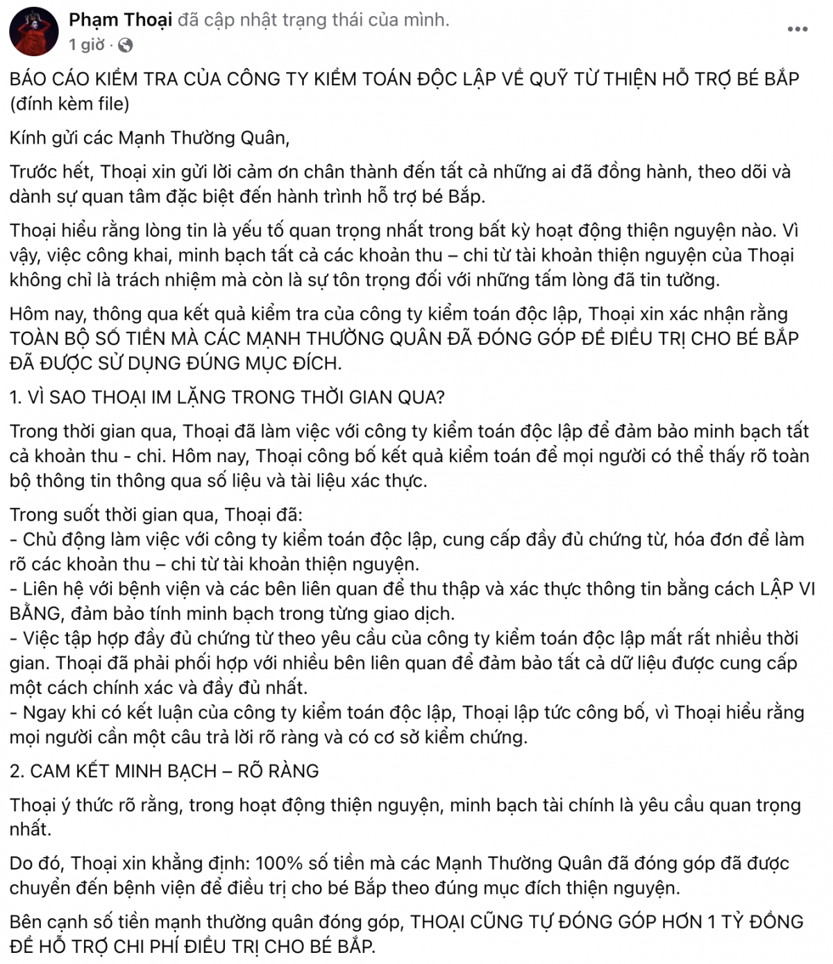 Vụ sao kê tiền từ thiện 16,7 tỷ đồng: Sau hơn 1 tháng im lặng, Phạm Thoại chính thức lên tiếng, nhờ cả công ty kiểm toán vào cuộc